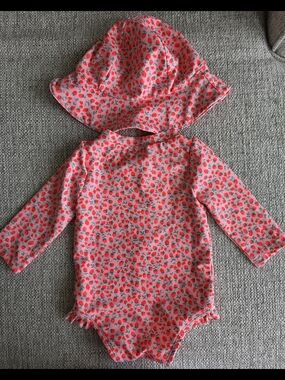 GAP Pink Floral Long-Sleeve Baby Swimsuit with Hat